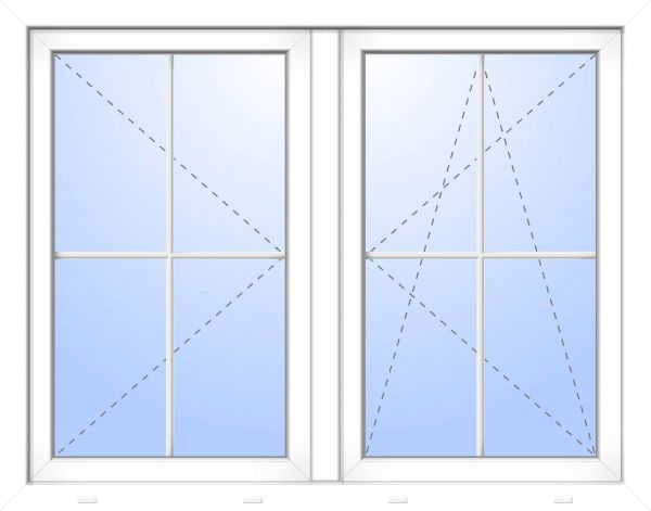 Kunststoff Fenster &quot;ERIK&quot; 74 mm 3-fach Verglasung symmetrisch Dreh-Kipp / Dreh Stulp 2-flügelig 4 Sprossenfelder