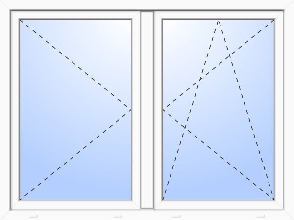 Außenansicht 2-flügeliges Fenster 71 mm Weiß Dreh-Kipp (Li) / Dreh (Re) Stulp