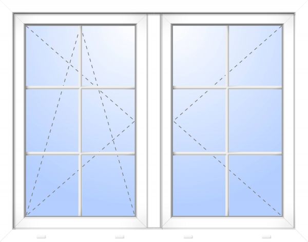 Kunststoff Fenster &quot;PEPE&quot; 74 mm 3-fach Verglasung symmetrisch Dreh / Dreh-Kipp Stulp 2-flügelig 6 Sprossenfelder