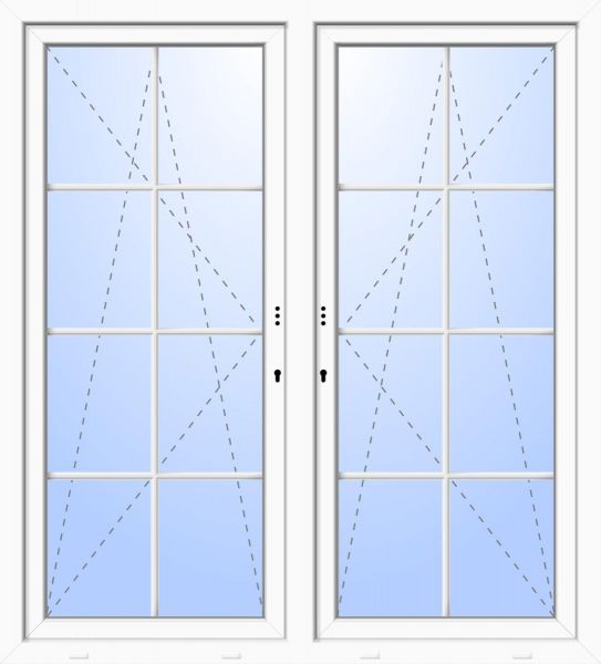 Kunststoff Balkontür &quot;DANIEL&quot; 74 mm 3-fach Verglasung symmetrisch Dreh-Kipp / Dreh-Kipp fester Pfosten 2-flügelig 8 Sprossenfelder (abschließbar)