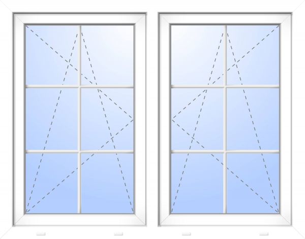 Kunststoff Fenster &quot;HENRY&quot; 74 mm 3-fach Verglasung symmetrisch Dreh-Kipp / Dreh-Kipp fester Pfosten 2-flügelig 6 Sprossenfelder