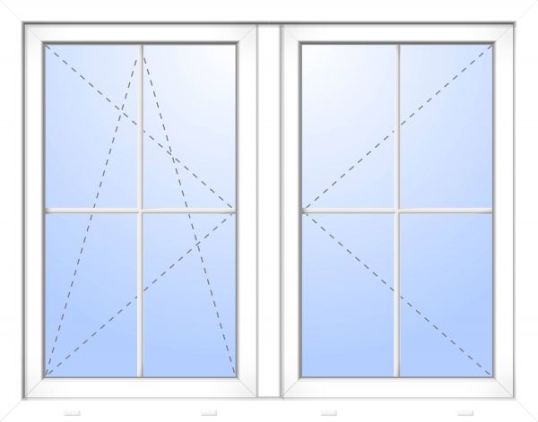 Kunststoff Fenster &quot;PEPE&quot; 74 mm 3-fach Verglasung symmetrisch Dreh / Dreh-Kipp Stulp 2-flügelig 4 Sprossenfelder